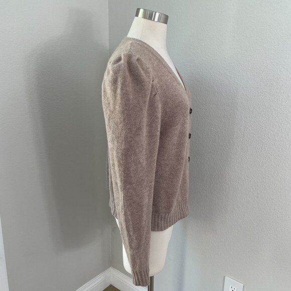 Saks Fifth Avenue Womens Large Puff Sleeve Cashmere Cardigan Light Brown Knit - Picture 4 of 9